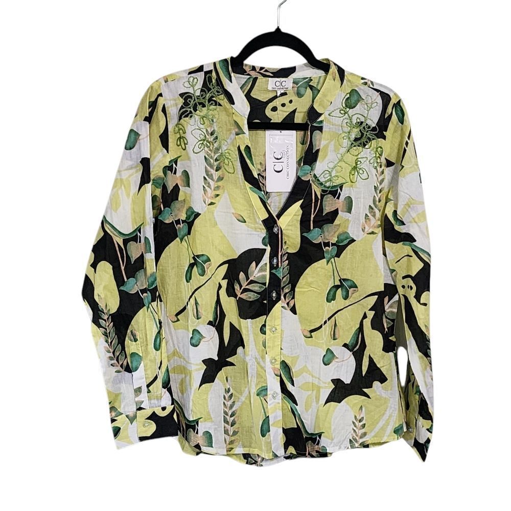 CC Chic Connections Top L Green Floral Button Up Roll Tab Sleeve 100% Cotton NWT